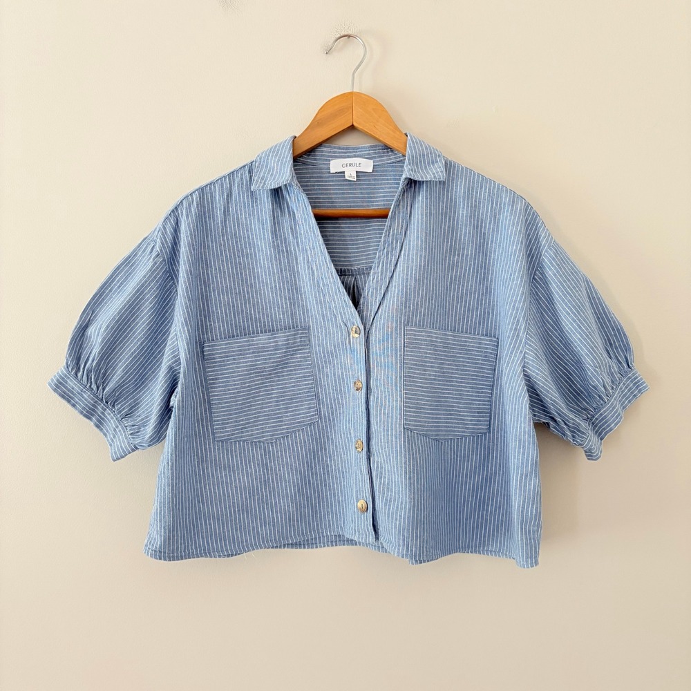 Cerule Button Down Top L Blue White Pinstripe Puff Sleeve 100% Cotton Boxy Crop
